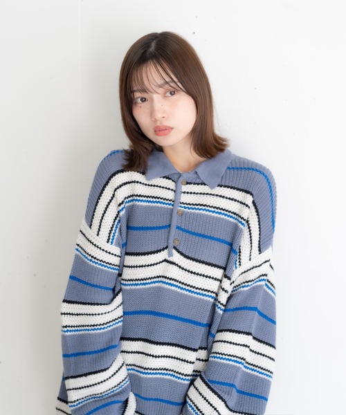 bashful base Oriental(バッシュフルベースオリエンタル)の「【bbO】マルチボーダーポロニット(ニット/セーター・メンズ・グレー/ネイビー/ライトグリーン・MEDIUM/LARGE)」の2枚目の写真