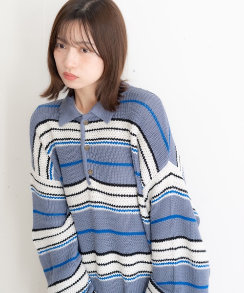 bashful base Oriental(バッシュフルベースオリエンタル)の「【bbO】マルチボーダーポロニット(ニット/セーター・メンズ・グレー/ネイビー/ライトグリーン・MEDIUM/LARGE)」の21枚目の写真