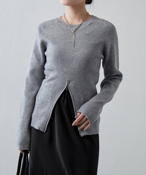 Lui's（ルイス）の「フロントZIPデザインニット（ニット/セーター・レディース・グリーン/ライトグレー/ブラック・FREE）」の3枚目の写真