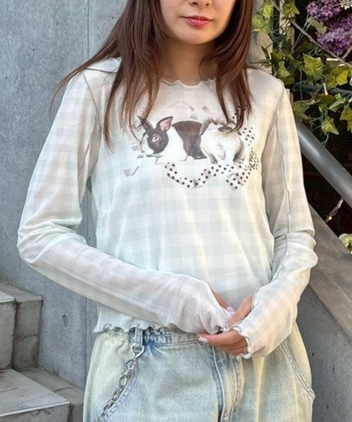 Candy Stripper(キャンディストリッパー)の「RABBIT CHECK SHEER トップス(Tシャツ/カットソー・レディース・ピンク/ブラック/ライトブルー・FREE)」の1枚目の写真