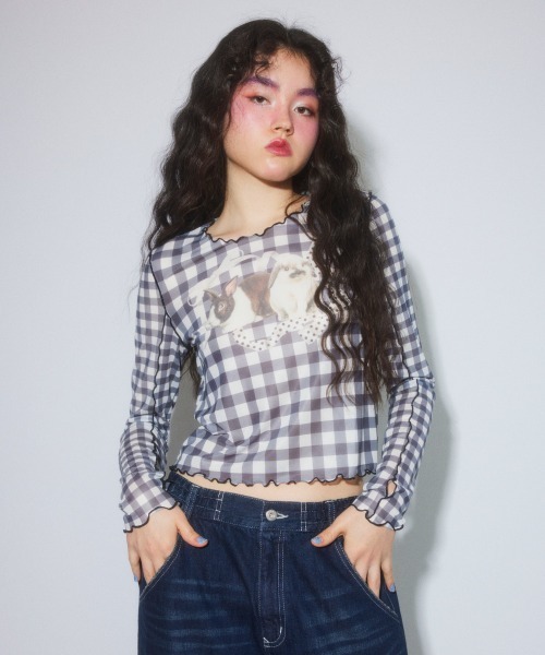 Candy Stripper(キャンディストリッパー)の「RABBIT CHECK SHEER トップス(Tシャツ/カットソー・レディース・ピンク/ブラック/ライトブルー・FREE)」の12枚目の写真