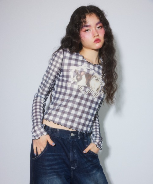 Candy Stripper(キャンディストリッパー)の「RABBIT CHECK SHEER トップス(Tシャツ/カットソー・レディース・ピンク/ブラック/ライトブルー・FREE)」の13枚目の写真