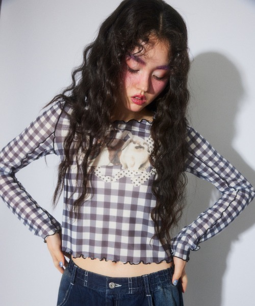 Candy Stripper(キャンディストリッパー)の「RABBIT CHECK SHEER トップス(Tシャツ/カットソー・レディース・ピンク/ブラック/ライトブルー・FREE)」の14枚目の写真