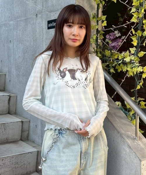 Candy Stripper(キャンディストリッパー)の「RABBIT CHECK SHEER トップス(Tシャツ/カットソー・レディース・ピンク/ブラック/ライトブルー・FREE)」の19枚目の写真