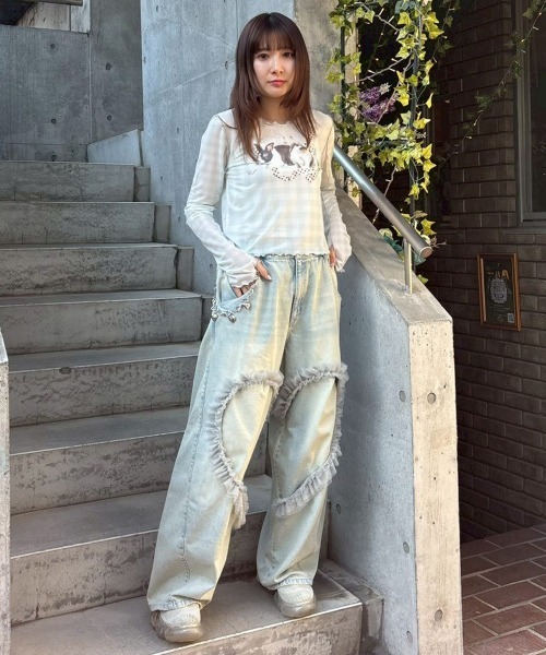 Candy Stripper(キャンディストリッパー)の「RABBIT CHECK SHEER トップス(Tシャツ/カットソー・レディース・ピンク/ブラック/ライトブルー・FREE)」の21枚目の写真