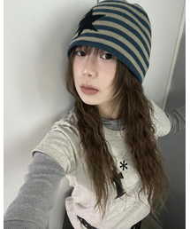 TANSANMAGNESIUM（タンサン マグネシウム）の「ジャカードストライプビーニー（ブルー）（ニットキャップ/ビーニー）」