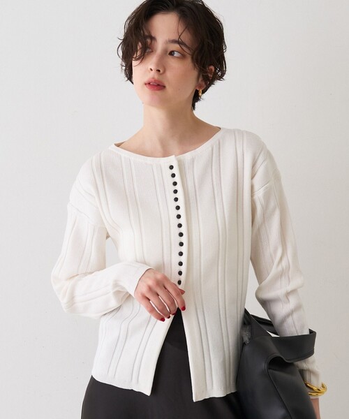 Rouge vif Anna（ルージュヴィフアンナ）の「ストライプ組織前後2WAYニット/カーディガン（ニット/セーター・レディース・ネイビー/オフホワイト/その他・フリー）」の2枚目の写真