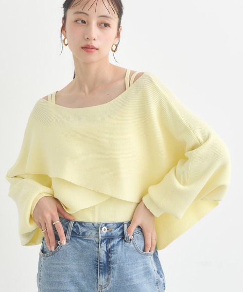 earth music&ecology(アースミュージックアンドエコロジー)の「【毛玉防止/洗える】SET2点クロスニット+キャミソール(ニット/セーター・レディース・ブラック/ピンク/イエロー/アイボリー・FREE)」の3枚目の写真