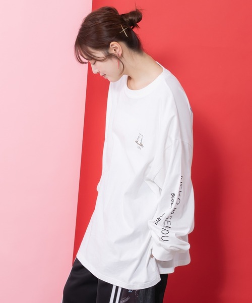 ScoLar（スカラー）の「361105：ネコの洗脳柄ロングスリーブTシャツ（Tシャツ/カットソー・レディース・グリーン/ブラック/パープル/オフホワイト・M）」の14枚目の写真