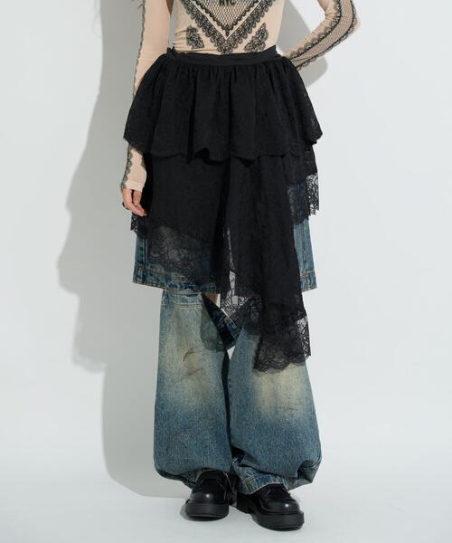 anna sui nyc(アナ スイ エヌ ワイ シー)の「anna sui nyc/アナ スイ エヌワイシー/アシメレーススカート(スカート・レディース・ホワイト/ラベンダー/ブラック・F)」の1枚目の写真