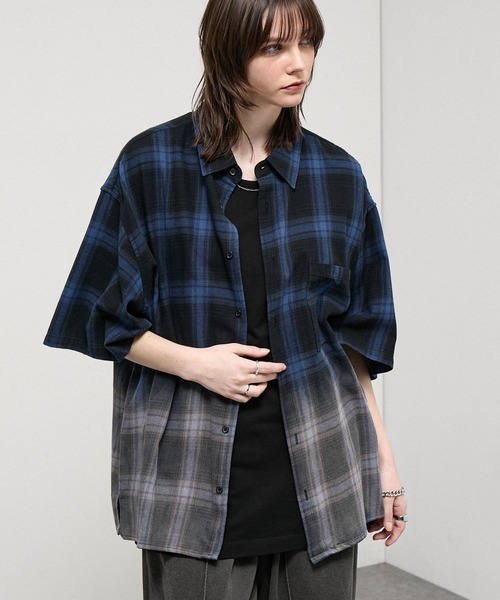 セール】【Alfred Alex】Gradient Ombre Check Shirt /グラデーション
