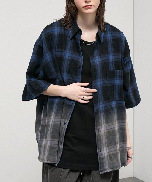 Alfred Alex(アルフレッドアレックス)の「【Alfred Alex】Gradient Ombre Check Shirt /グラデーション オーバーサイズ オンブレチェックシャツ(シャツ/ブラウス・メンズ・ネイビー/ブルーグリーン/ブラック/ブラウン・M/S/L)」の17枚目の写真