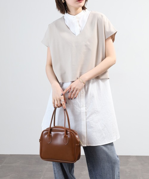 OMNES（オムネス）の「梨地 レイヤードシャツセットフレンチスリーブワンピース 半袖（シャツワンピース・レディース・アイボリー/ベージュ/ブラック・FREE）」の3枚目の写真