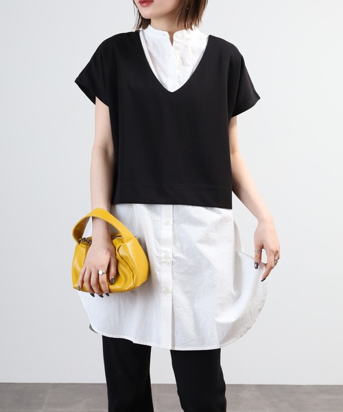 OMNES（オムネス）の「梨地 レイヤードシャツセットフレンチスリーブワンピース 半袖（シャツワンピース・レディース・アイボリー/ベージュ/ブラック・FREE）」の2枚目の写真