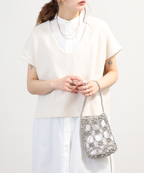 OMNES（オムネス）の「梨地 レイヤードシャツセットフレンチスリーブワンピース 半袖（シャツワンピース・レディース・アイボリー/ベージュ/ブラック・FREE）」の4枚目の写真