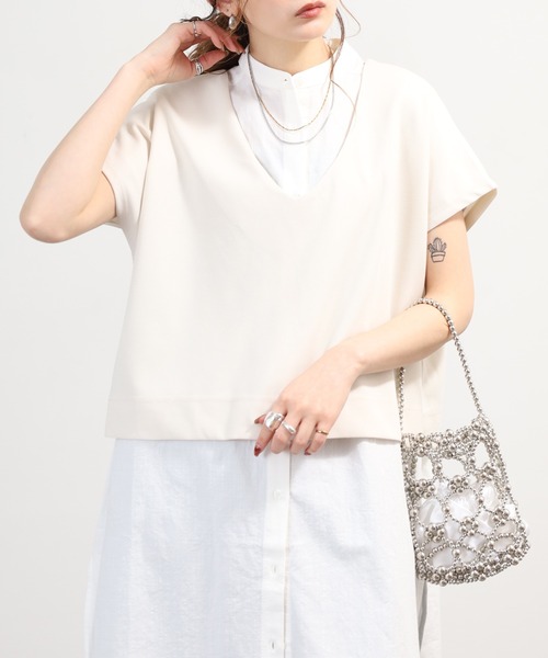 OMNES（オムネス）の「梨地 レイヤードシャツセットフレンチスリーブワンピース 半袖（シャツワンピース・レディース・アイボリー/ベージュ/ブラック・FREE）」の6枚目の写真