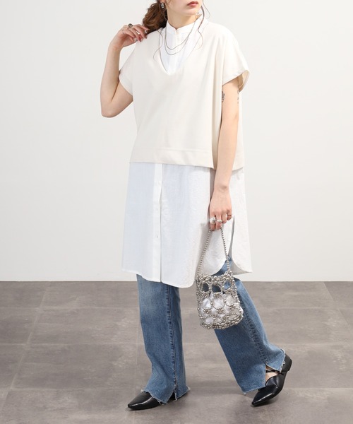 OMNES（オムネス）の「梨地 レイヤードシャツセットフレンチスリーブワンピース 半袖（シャツワンピース・レディース・アイボリー/ベージュ/ブラック・FREE）」の9枚目の写真