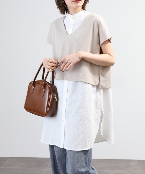 OMNES（オムネス）の「梨地 レイヤードシャツセットフレンチスリーブワンピース 半袖（シャツワンピース・レディース・アイボリー/ベージュ/ブラック・FREE）」の17枚目の写真