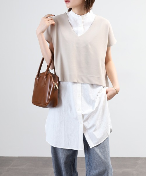 OMNES（オムネス）の「梨地 レイヤードシャツセットフレンチスリーブワンピース 半袖（シャツワンピース・レディース・アイボリー/ベージュ/ブラック・FREE）」の18枚目の写真