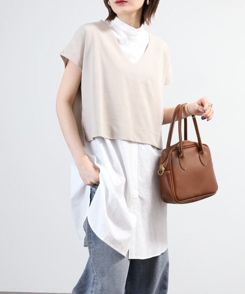 OMNES（オムネス）の「梨地 レイヤードシャツセットフレンチスリーブワンピース 半袖（シャツワンピース・レディース・アイボリー/ベージュ/ブラック・FREE）」の19枚目の写真