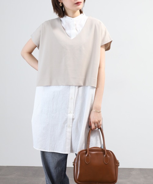 OMNES（オムネス）の「梨地 レイヤードシャツセットフレンチスリーブワンピース 半袖（シャツワンピース・レディース・アイボリー/ベージュ/ブラック・FREE）」の20枚目の写真