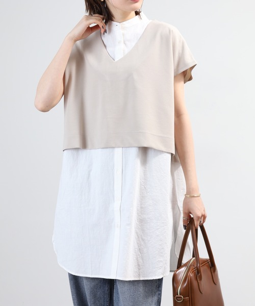 OMNES（オムネス）の「梨地 レイヤードシャツセットフレンチスリーブワンピース 半袖（シャツワンピース・レディース・アイボリー/ベージュ/ブラック・FREE）」の21枚目の写真