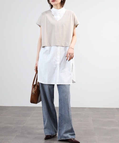 OMNES（オムネス）の「梨地 レイヤードシャツセットフレンチスリーブワンピース 半袖（シャツワンピース・レディース・アイボリー/ベージュ/ブラック・FREE）」の22枚目の写真