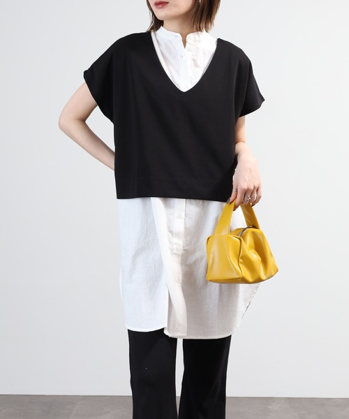 OMNES（オムネス）の「梨地 レイヤードシャツセットフレンチスリーブワンピース 半袖（シャツワンピース・レディース・アイボリー/ベージュ/ブラック・FREE）」の11枚目の写真