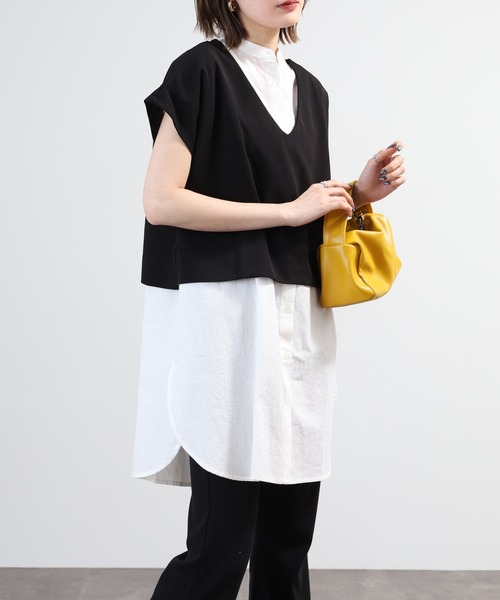 OMNES（オムネス）の「梨地 レイヤードシャツセットフレンチスリーブワンピース 半袖（シャツワンピース・レディース・アイボリー/ベージュ/ブラック・FREE）」の12枚目の写真