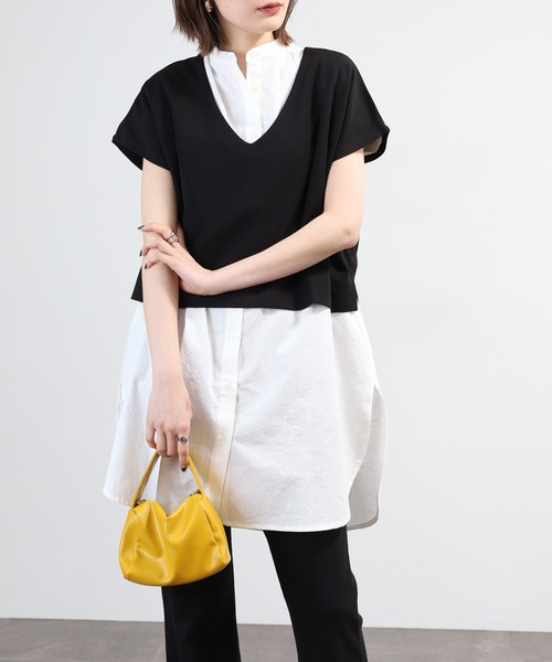 OMNES（オムネス）の「梨地 レイヤードシャツセットフレンチスリーブワンピース 半袖（シャツワンピース・レディース・アイボリー/ベージュ/ブラック・FREE）」の14枚目の写真