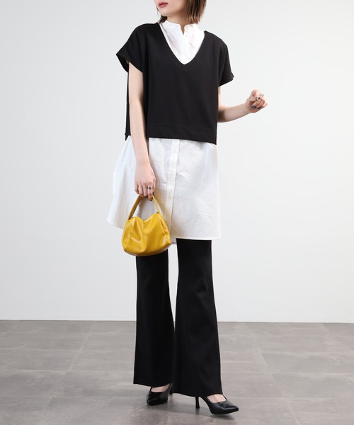 OMNES（オムネス）の「梨地 レイヤードシャツセットフレンチスリーブワンピース 半袖（シャツワンピース・レディース・アイボリー/ベージュ/ブラック・FREE）」の15枚目の写真