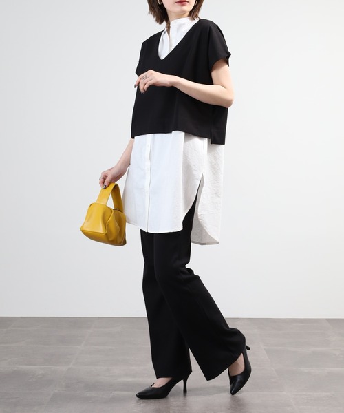 OMNES（オムネス）の「梨地 レイヤードシャツセットフレンチスリーブワンピース 半袖（シャツワンピース・レディース・アイボリー/ベージュ/ブラック・FREE）」の16枚目の写真