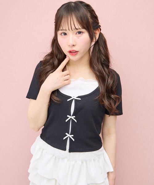 INGNI(イング)の「レイヤード前リボンリブトップス(Tシャツ/カットソー・レディース・ピンク/ホワイト系その他/ブラック系その他3/ブラック・M)」の1枚目の写真