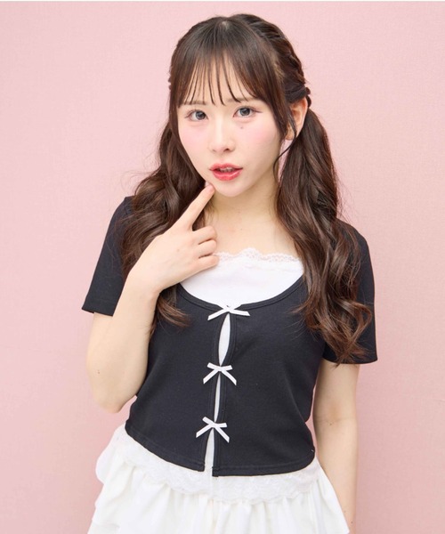 INGNI(イング)の「レイヤード前リボンリブトップス(Tシャツ/カットソー・レディース・ピンク/ホワイト系その他/ブラック系その他3/ブラック・M)」の11枚目の写真