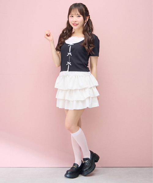 INGNI(イング)の「レイヤード前リボンリブトップス(Tシャツ/カットソー・レディース・ピンク/ホワイト系その他/ブラック系その他3/ブラック・M)」の10枚目の写真
