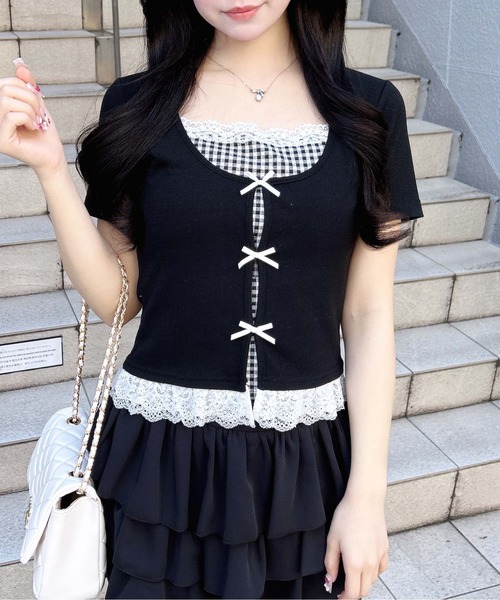 INGNI(イング)の「レイヤード前リボンリブトップス(Tシャツ/カットソー・レディース・ピンク/ホワイト系その他/ブラック系その他3/ブラック・M)」の9枚目の写真