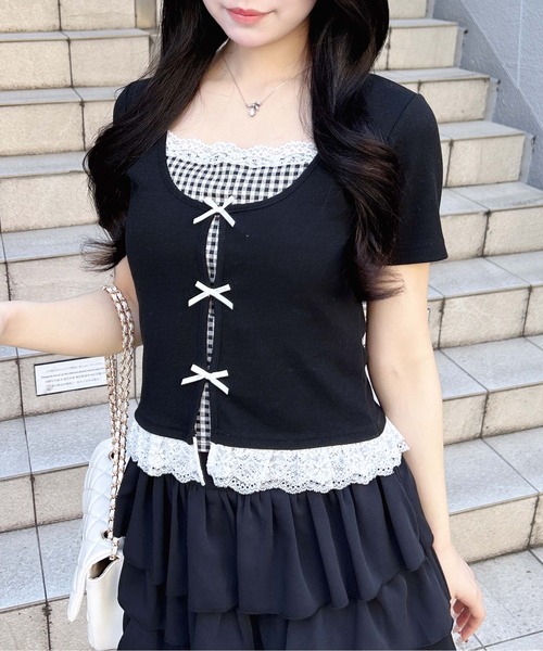 INGNI(イング)の「レイヤード前リボンリブトップス(Tシャツ/カットソー・レディース・ピンク/ホワイト系その他/ブラック系その他3/ブラック・M)」の8枚目の写真