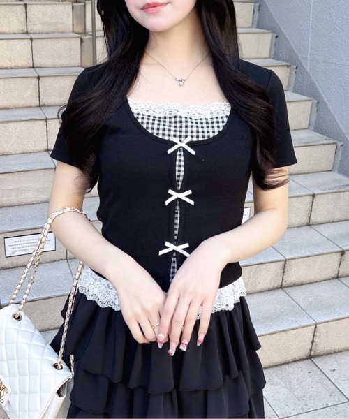 INGNI(イング)の「レイヤード前リボンリブトップス(Tシャツ/カットソー・レディース・ピンク/ホワイト系その他/ブラック系その他3/ブラック・M)」の7枚目の写真
