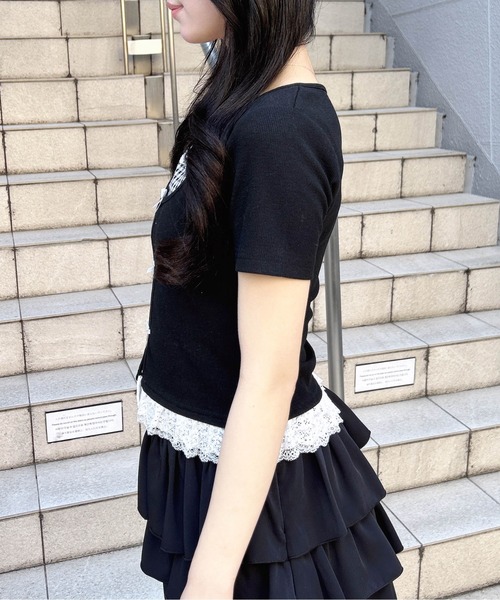 INGNI(イング)の「レイヤード前リボンリブトップス(Tシャツ/カットソー・レディース・ピンク/ホワイト系その他/ブラック系その他3/ブラック・M)」の6枚目の写真