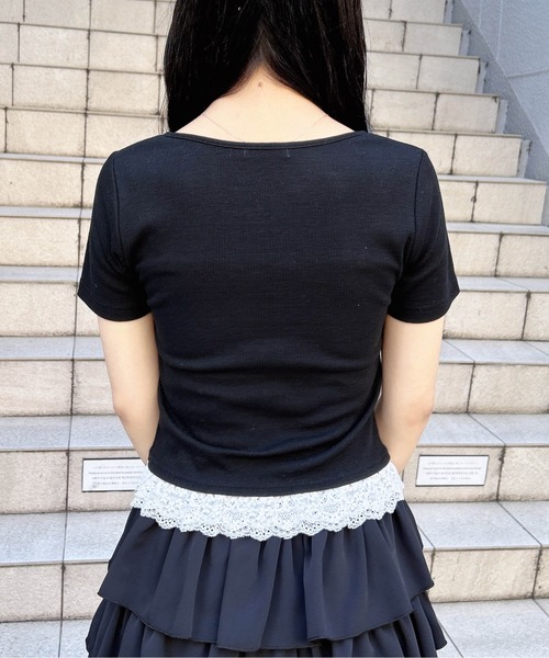 INGNI(イング)の「レイヤード前リボンリブトップス(Tシャツ/カットソー・レディース・ピンク/ホワイト系その他/ブラック系その他3/ブラック・M)」の5枚目の写真