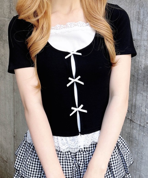 INGNI(イング)の「レイヤード前リボンリブトップス(Tシャツ/カットソー・レディース・ピンク/ホワイト系その他/ブラック系その他3/ブラック・M)」の22枚目の写真