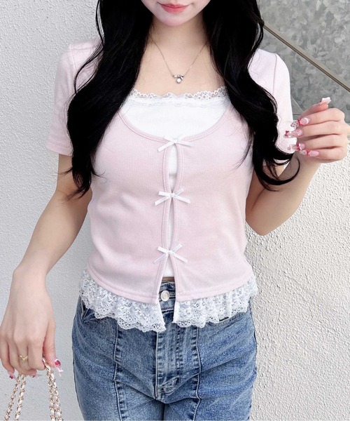 INGNI(イング)の「レイヤード前リボンリブトップス(Tシャツ/カットソー・レディース・ピンク/ホワイト系その他/ブラック系その他3/ブラック・M)」の16枚目の写真