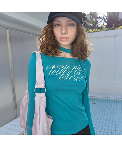 LGB ルグランブルー 長袖カットソー トップス オフショルダー レザー紐 セール】LETTERING OFF-SHOULDER TIE LONG SLEEVE_BLUE GREEN（Tシャツ