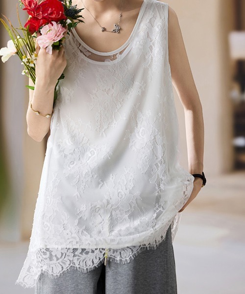 ReRe（リリ）の「総レースノースリーブチュニックトップス（Tシャツ/カットソー・レディース・ブラック/ホワイト・XX-LARGE/X-LARGE/LARGE）」の3枚目の写真