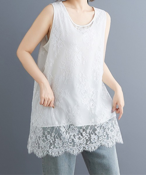 ReRe（リリ）の「総レースノースリーブチュニックトップス（Tシャツ/カットソー・レディース・ブラック/ホワイト・XX-LARGE/X-LARGE/LARGE）」の4枚目の写真