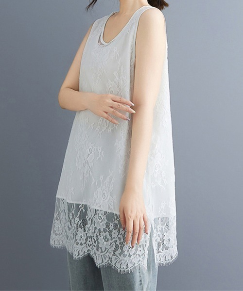 ReRe（リリ）の「総レースノースリーブチュニックトップス（Tシャツ/カットソー・レディース・ブラック/ホワイト・XX-LARGE/X-LARGE/LARGE）」の6枚目の写真