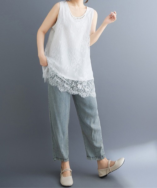 ReRe（リリ）の「総レースノースリーブチュニックトップス（Tシャツ/カットソー・レディース・ブラック/ホワイト・XX-LARGE/X-LARGE/LARGE）」の7枚目の写真