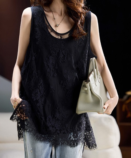 ReRe（リリ）の「総レースノースリーブチュニックトップス（Tシャツ/カットソー・レディース・ブラック/ホワイト・XX-LARGE/X-LARGE/LARGE）」の8枚目の写真