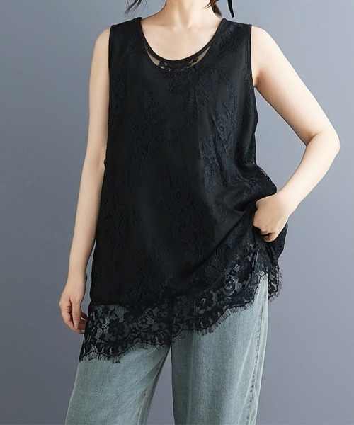 ReRe（リリ）の「総レースノースリーブチュニックトップス（Tシャツ/カットソー・レディース・ブラック/ホワイト・XX-LARGE/X-LARGE/LARGE）」の10枚目の写真