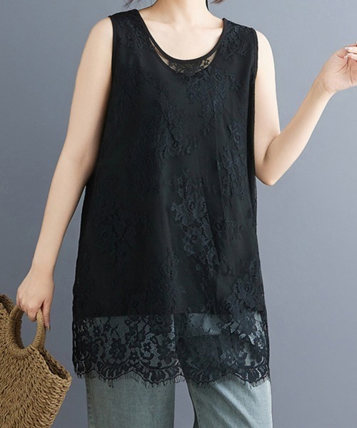 ReRe（リリ）の「総レースノースリーブチュニックトップス（Tシャツ/カットソー・レディース・ブラック/ホワイト・XX-LARGE/X-LARGE/LARGE）」の11枚目の写真